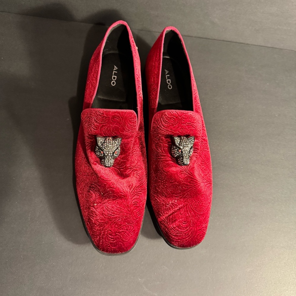 Aldo Red Velvet Slip-On Loafers with Elegant Embroidery